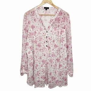 Cocomo Floral Print Top Womens Size 3X Pink Rose Pastel Spring Mesh Long Sleeve